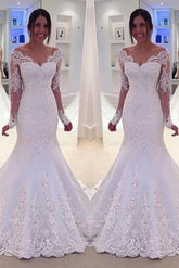 Elegant Off-the-Shoulder Long Sleeves Bridal Gowns Lace Mermaid Wedding Dresses BA3742