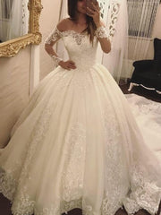 Elegant Off-the-Shoulder Long Sleeves Wedding Dresses | Tulle Appliques Bridal Gowns with Beadings