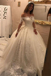 Elegant Off-the-Shoulder Long Sleeves Wedding Dresses | Tulle Appliques Bridal Gowns with Beadings