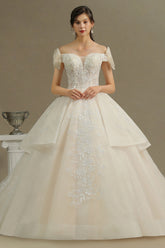 Elegant Off-the-Shoulder Tulle Lace Ball Gown Floor Length Graden Bridal Gown
