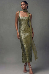 Suzhoufashion Elegant Olive Sheath Sequin Scarf Neck Long Holiday Party Dress
