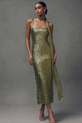 Suzhoufashion Elegant Olive Sheath Sequin Scarf Neck Long Holiday Party Dress