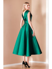 Elegant Pleated A Line V Neck Sleeveless Dress for Mothers of the Bride & Groom Featuring Bow Belt and Pocket