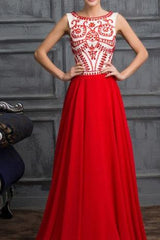 Elegant Red A-Line Chiffon Evening Dress with Beading Crystal Wedding Guest Dresses