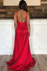 Elegant Red Prom Dress Spaghetti Straps Satin Long Formal Dress With Slit