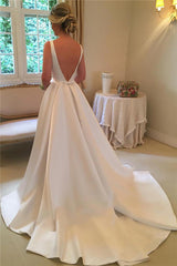Elegant Satin Beach Wedding Dresses | Open Back Sleeveless Royal Beach Wedding Dress