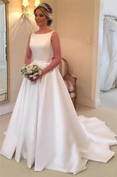 Elegant Satin Beach Wedding Dresses | Open Back Sleeveless Royal Beach Wedding Dress
