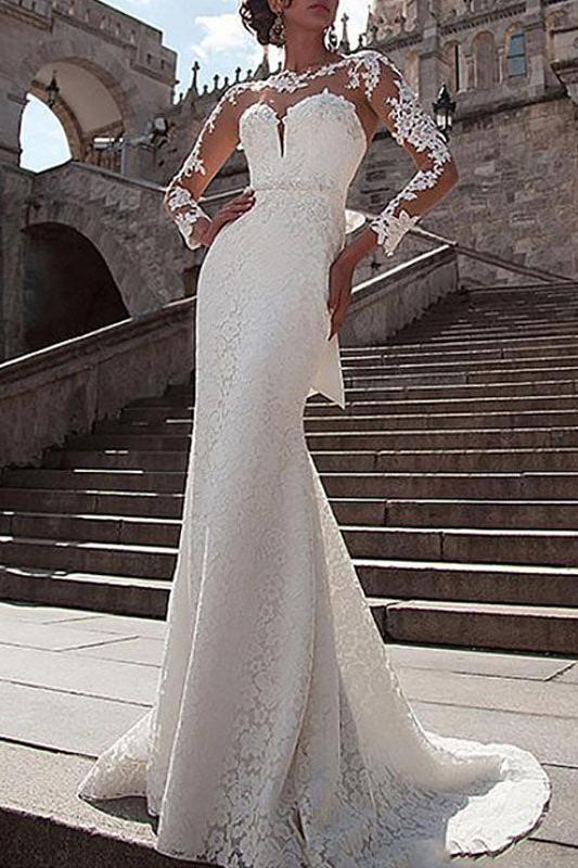 Elegant Satin Long Sleeves Ivory Lace Appliques Mermaid Beach Wedding Dresses