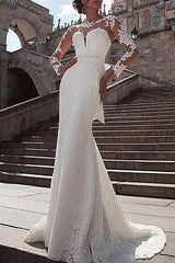 Elegant Satin Long Sleeves Ivory Lace Appliques Mermaid Beach Wedding Dresses