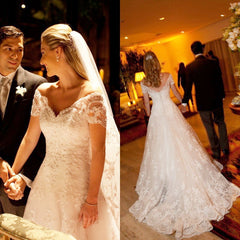 Elegant Short Sleeve White Lace Wedding Dress A-Line Sweep Train Formal Bridal Gown