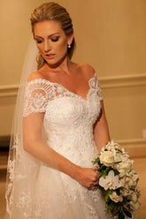 Elegant Short Sleeve White Lace Wedding Dress A-Line Sweep Train Formal Bridal Gown