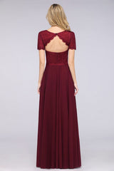 Elegant Short-Sleeves Long Bridesmaid Dress Chiffon Lace Round-Neck Evening Dress