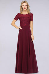 Elegant Short-Sleeves Long Bridesmaid Dress Chiffon Lace Round-Neck Evening Dress