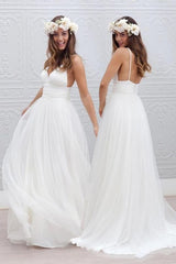 Elegant Simple V-neck Spaghetti Straps Beach Wedding Dress Open Back Summer Formal Dresses BA3218