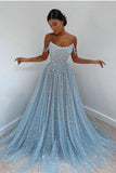Elegant Sleeveless Blue Lace Prom Dress Long