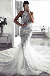 Elegant Sleeveless Halter Beach Wedding Dresses | Sexy Mermaid Tulle Beach Bridal Dresses