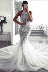 Elegant Sleeveless Halter Beach Wedding Dresses | Sexy Mermaid Tulle Beach Bridal Dresses