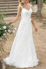 Elegant Sleeveless V Neck White Lace A-Line Wedding Dresses