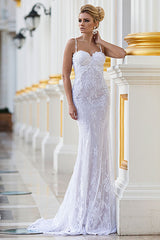 Elegant Spaghetti Straps Lace Wedding Dresses Mermaid Sweep Train Bridal Gowns