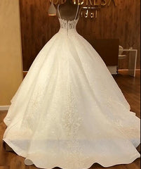 Elegant Spaghetti Straps Lace Wedding Dresses | Sequins Sleeveless Bridal Ball Gown