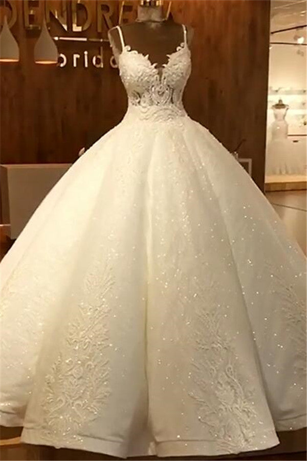 Elegant Spaghetti Straps Lace Wedding Dresses | Sequins Sleeveless Bridal Ball Gown