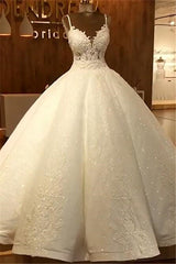 Elegant Spaghetti Straps Lace Wedding Dresses | Sequins Sleeveless Bridal Ball Gown