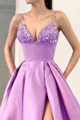 Elegant Spaghetti-Straps Split Sequins Evening Dresses