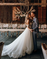 Elegant Strapless Illusion A-Line Beach Wedding Dress with Lace