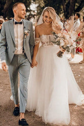 Elegant Strapless Illusion A-Line Beach Wedding Dress with Lace
