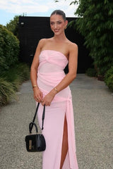 Elegant Strapless Pink Prom Dress With Ruched Bodice And High Slit Formal Evening Gown