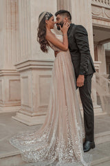 Elegant Strapless Tulle Nude Pink Sequins Beach Wedding Dresses With Detachable Skirt