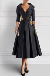 Elegant V Neck A Line Tea Length Mother of the Bride Dress with Appliques