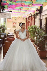 Elegant V-Neck Lace Ball Gown Wedding Dress New Arrival Sweep Train Tulle Princess Dress