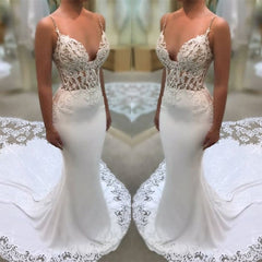 Elegant V-Neck Lace Mermaid Wedding Dress Long Spaghetti-Straps Bridal Gowns