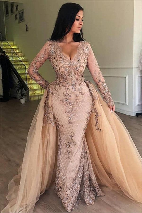 Elegant V-Neck Long Sleeves Tulle Evening Dresses | Sexy Mermaid Appliques Prom Dresses with Detachable Skirt BC0179 | Suzhoufashion suzhoufashion Elegant V-Neck Long Sleeves Tulle Evening Dresses | Sexy Mermaid Appliques Prom Dresses with Detachable Skirt BC0179 | Suzhoufashion suzhoufashion