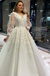Elegant V Neck White Lace Wedding Dress Long