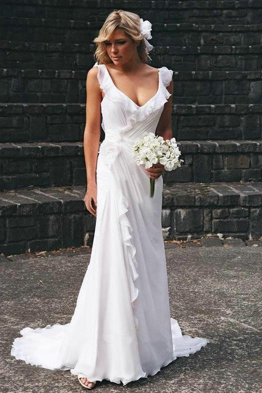 Elegant V-neck Chiffon Beach Wedding Dress Summer Beach Ruffles Sleeveless Beach Bridal Dresses