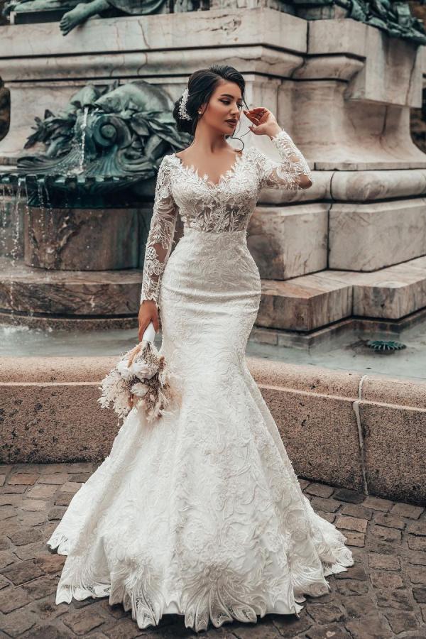 green emerald velvet dress Elegant White Floral Lace Mermaid Spring Wedding Dress Long Sleeves V-Neck Slim Bridal Dresses