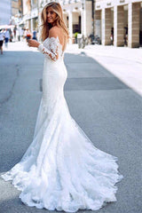 Elegant White Long Sleeves Lace Appliques Prom Dresses | Mermaid Sweep Train Bridal Gown