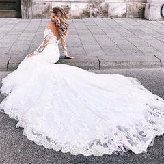 Elegant White Long Sleeves Lace Appliques Prom Dresses | Mermaid Sweep Train Bridal Gown