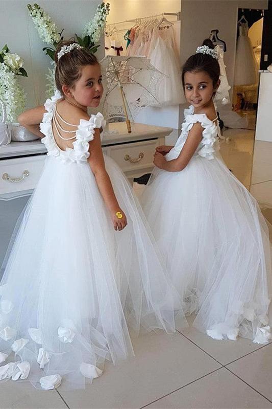 Elegant White Open Back Flower Girl Dresses | Sleeveless Flowers Tulle Pageant Dress