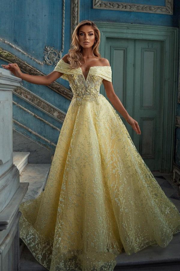 Elegant Yellow Off-the-shoulder Sleeveless A-Line Floor-Length Tulle Prom Dresses | Suzhoufashion Elegant Yellow Off-the-shoulder Sleeveless A-Line Floor-Length Tulle Prom Dresses | Suzhoufashion