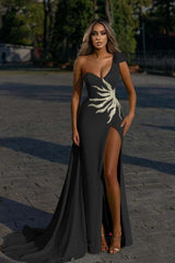 Elegant Yellow One Shoulder Prom Dress Mermaid Long With Split