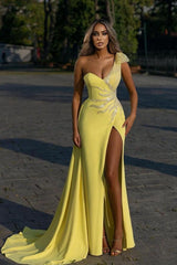 Elegant Yellow One Shoulder Prom Dress Mermaid Long With Split