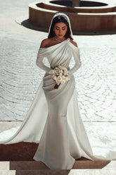 Elegant one shoulder long sleeves mermaid satin Beach Bridal Dress with ruffles