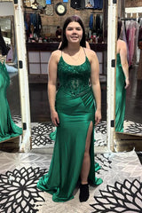 Emerald Green Prom Dress Corset Satin Long Formal Dress With Slit