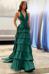 Emerald Green Prom Dress Tiered A-Line Halter Long Formal Dress With Slit