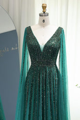 Emerald V Neck A Line Evening Formal Dress Cap Sleeves Tulle With Beaded Appliques