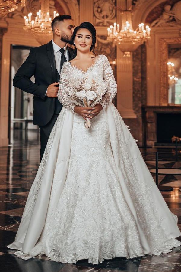 Empire Long Sleeves V Neck Ivory Lace Mermaid Wedding Dresses With Detachable Train | Suzhoufashion Empire Long Sleeves V Neck Ivory Lace Mermaid Wedding Dresses With Detachable Train | Suzhoufashion