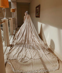 Empire V Neck Satin Lace Crystal Ruffles Ball Gown Wedding Dresses